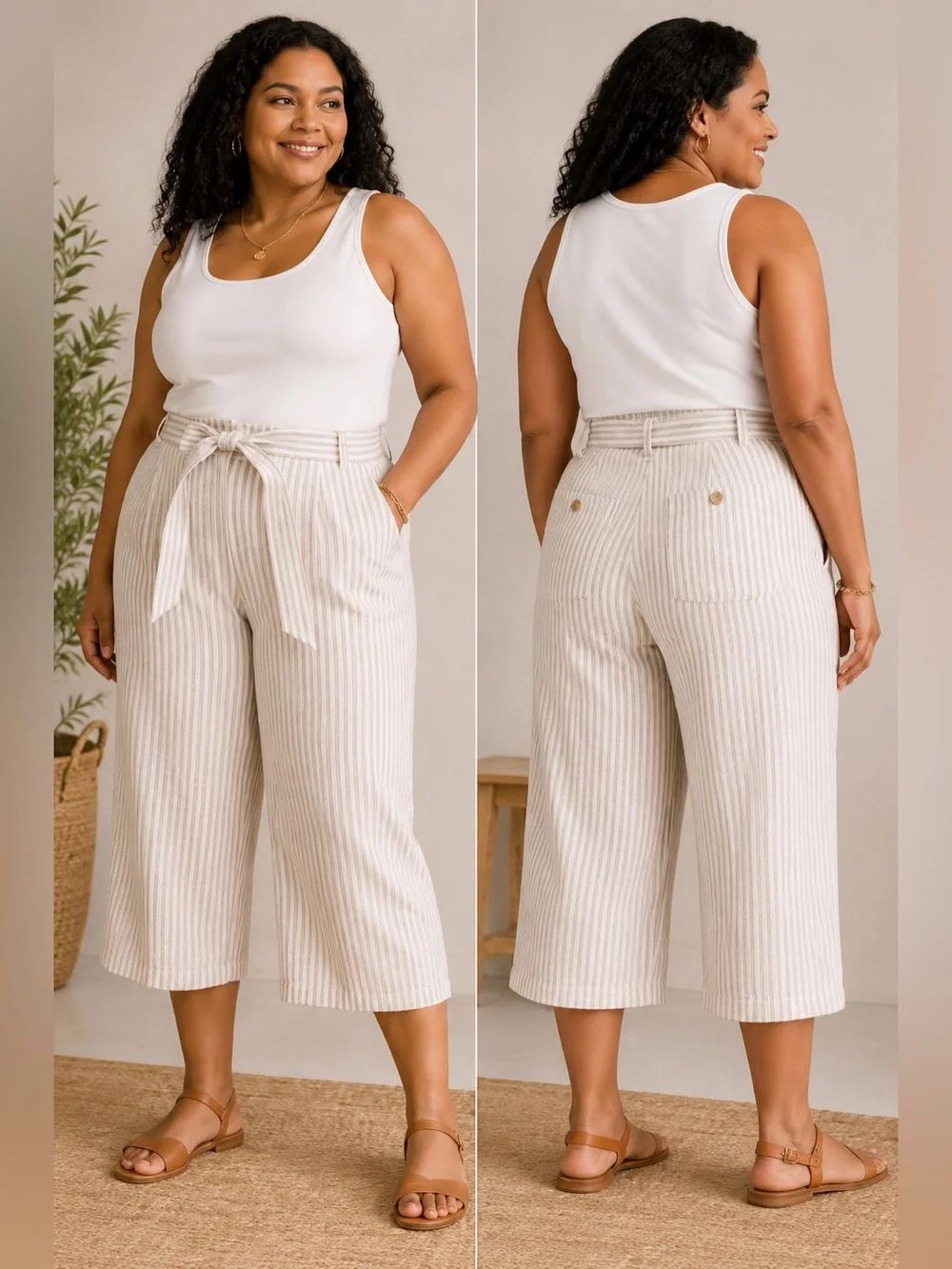 Liz Claiborne NWT Plus 2X Linen Blend Tan Stripe Crop Pant Belted Coastal Resort